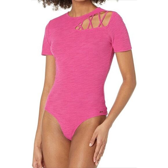 N Philanthropy Irene Bodysuit NWT Small Pink Ribbed Cutout Short Sleeve Crew - Picture 1 of 12